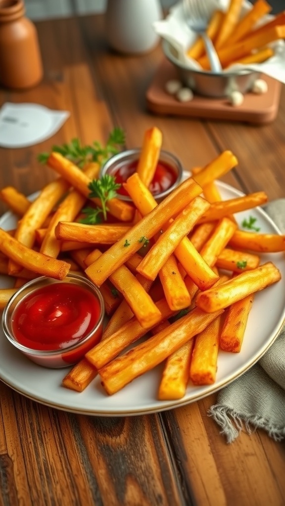 Crispy Air Fryer Fries with Real Potatoes Crispy air fryer fries made from real potatoes, served with ketchup on a rustic wooden table.
